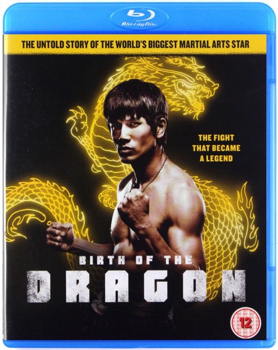 Blu-ray hoes met op de voorgrond een vechtende man op een zwarte achtergrond met een gele draak. 'Birth of the Dragon' staat in grote letters.