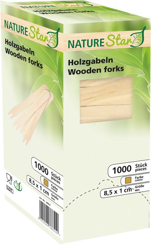 NatureStar houten frietvorkjes - biologisch - 1000 stuks in dispenserdoos