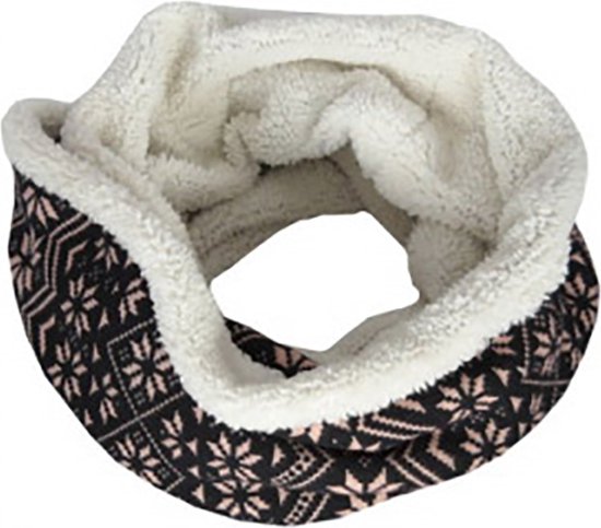 Fleece Colsjaal Dames - Noors bloemenmotief - Zwart/Roze - Infinity Scarf