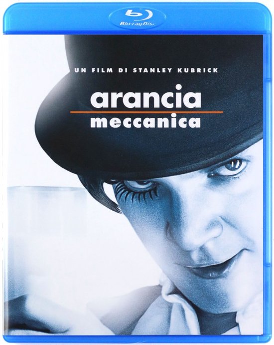 Blu-ray hoesje van 'Arancia Meccanica' met close-up van een gezicht met een hoge hoed.