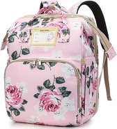 Baby Changing Backpack with Changing Mat, Changing Bag with Bed Function, Multifunctional Waterproof Changing Backpack with Floral Print, Changing Backpack with USB Charging Port