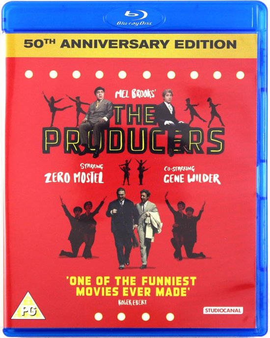 Blu-ray hoesje met "50th Anniversary Edition" tekst. Centraal de titel "The Producers" met twee mannen op de achtergrond, omringd door dansende silhouetten. Onderaan "One of the funniest movies ever made".