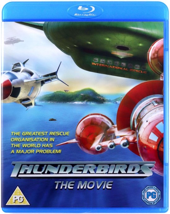 Blu-ray hoes met een illustratie van verschillende vliegtuigen, waaronder een groot groen vliegtuig met 'International Rescue' erop. Tekst: 'THE GREATEST RESCUE ORGANISATION IN THE WORLD HAS A MAJOR PROBLEM!'
