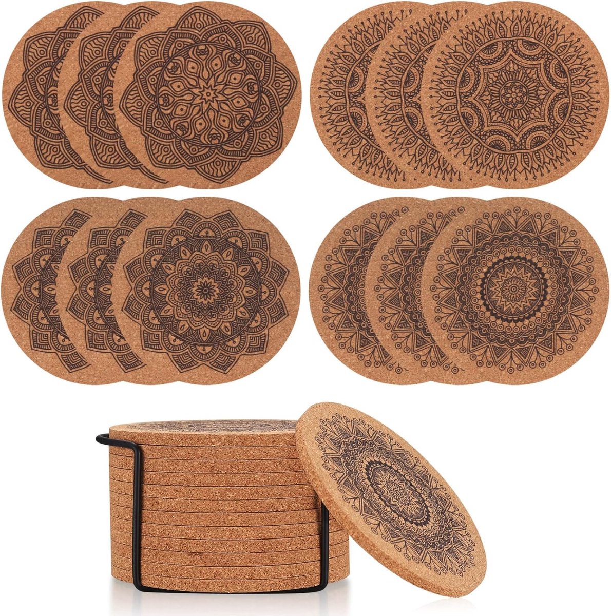 Onderzetters van kurk, 12 stuks, kurk, onderzetters van kurk, 10 cm drankonderzetters, bekeronderzetters, herbruikbaar, absorberend, houten mandalaster, voor koffie, bar, keuken, met metalen houder