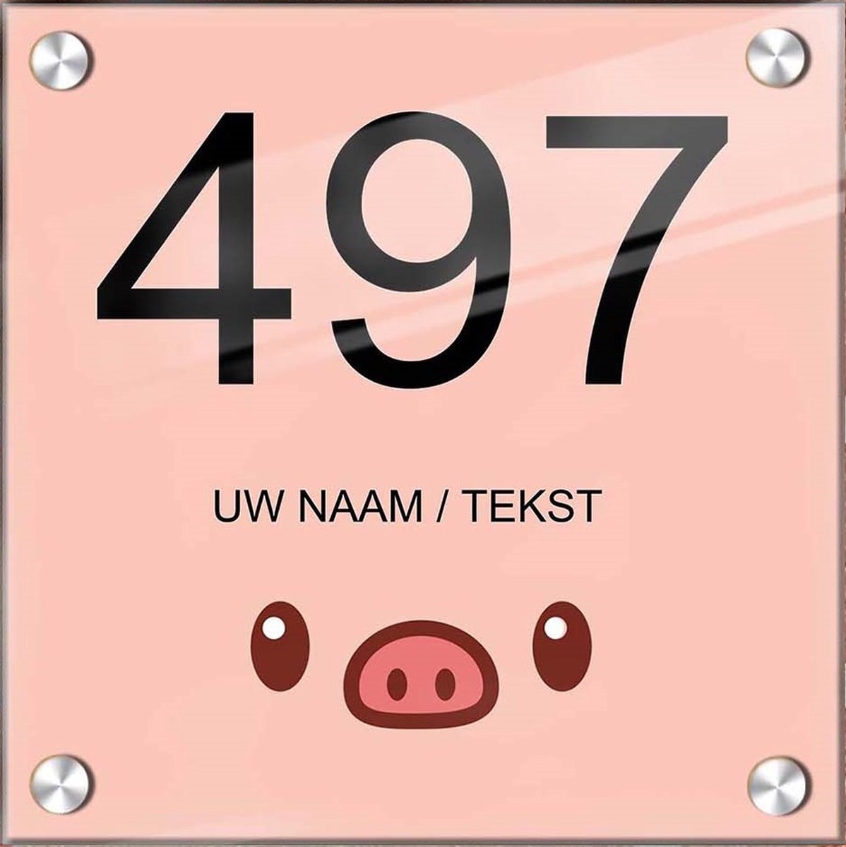 Huisnummer naambord plexiglas 20x20x0,5cm Varkentje design - met naam bedrukken Huisnummerbordjes, Naambordje voordeur, naamplaatje voordeur, huisnummer bord, huisnummer borden