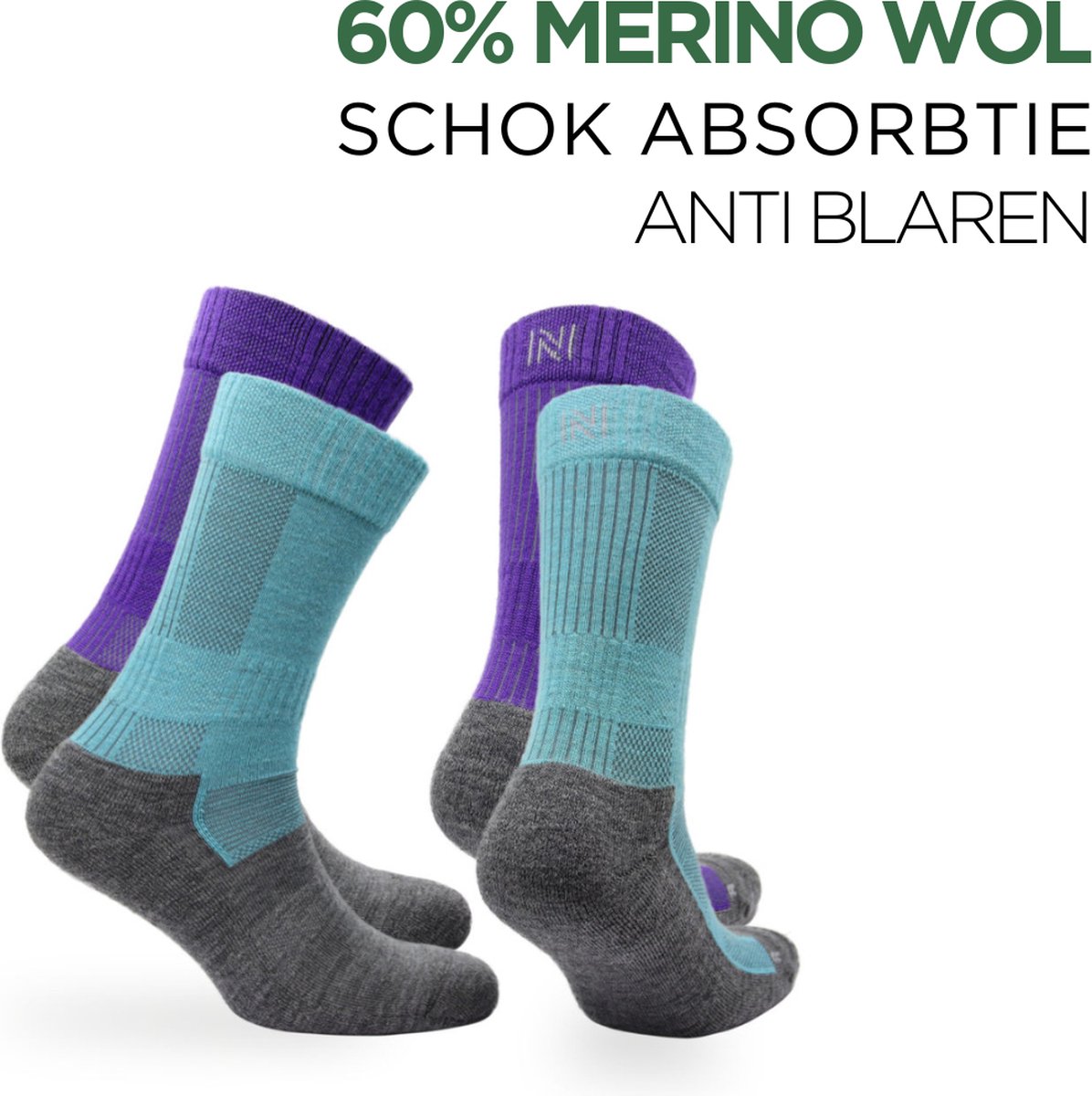 Norfolk - 2 Paar - 60% Merino Wol Sokken - Anti Blaren Wandelsokken met Schok Absorptie - Wollen Sokken - Warme sokken - Paars/Blauw - Maat 39-42 - Leonardo