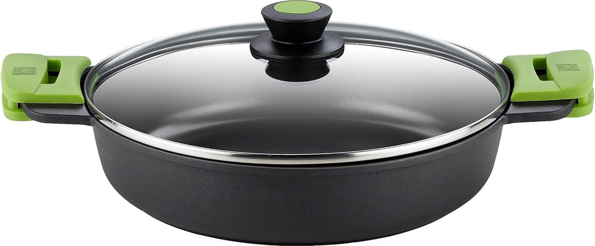 Ondiepe braadpan met glazen deksel en siliconen handgrepen, 28 cm