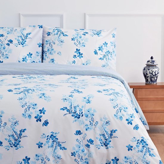 Beddengoed 155x220 coton bleu rayures réversibles dekbedovertrek fleurie avec taies d'oreiller (155 x 220 cm + 80 x 80 cm)