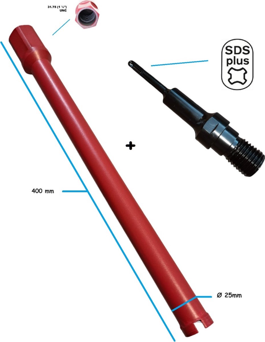 SDS-Plus Adapter + diamantboor betonboor dia Ø25mm x 375mm gatenboor kernboor diamantboorkroon diamant boor kernboormachine airco boorkroon aansluiting boormachine 1-1/4'' UNC schroefdraad