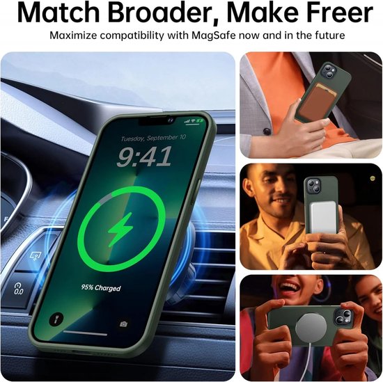 iPhone met donkergroen hoesje in auto, met MagSafe lader. Portemonnee en hoesje op telefoon.