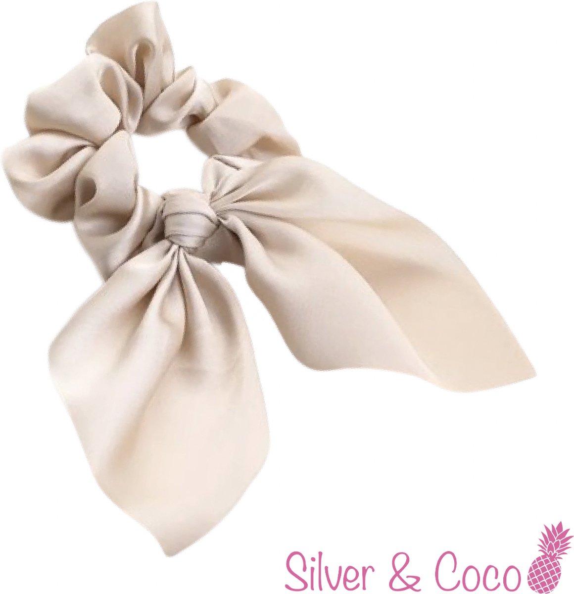 SilverAndCoco® - Scrunchie Wokkel met Strik Elastiek Haarband Festival Scrunchies / Brede Haarstrik Haarelastieken met Lint Dames / Elastische Nude Haarbanden - Beige