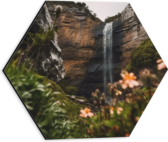 Dibond Hexagon - Bergen - Waterval - Bloemen - Planten - 30x26.1 cm Foto op Hexagon (Met Ophangsysteem)