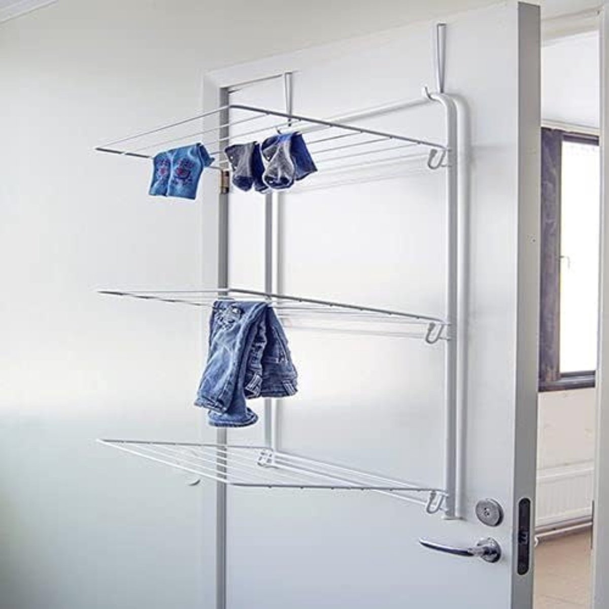 Goedkoopste Deur Wasrek - praktische deur wasdrek voor ruimtebesparend drogen van wasgoed - 3 uitklapbare vleugels met 11 meter waslijn bieden veel ruimte voor wasgoed