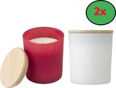 Set van 2 Geurkaarsen in herbruikbaar glas met Bamboe deksel Rood ( Kaneel aroma) & Wit ( Vanille aroma )