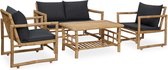 The Living Store Loungeset Bamboe - Bank 115x65x71 - 2 stoelen 60.5x65x71.5 - Tafel 90x49.5x45 - Donkergrijs kussen