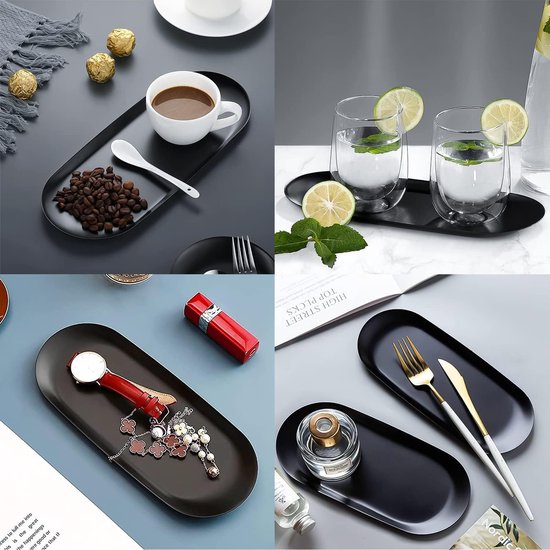 Lot de 2 plateaux décoratifs en acier inoxydable, 22,9 cm de long, pour bijoux, cosmétiques, salle de bain, petits plateaux de rangement, ovales, noir mat