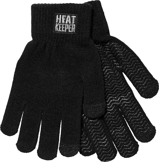 Zwarte gebreide handschoenen met gripprofiel op de handpalm en vingers. "HEAT KEEPER" logo op de pols.