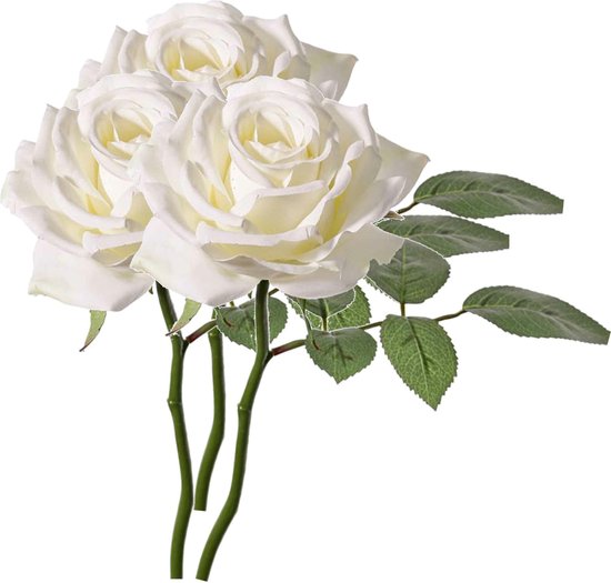 Top Art Kunstbloem Roos de luxe - 3x - wit - 30 cm - plastic steel - decoratie bloemen