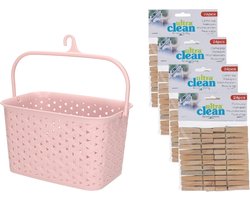 Wasknijpersmandje met ophanghaak - roze - en 96x houten wasknijpers 7 cm - was ophangen