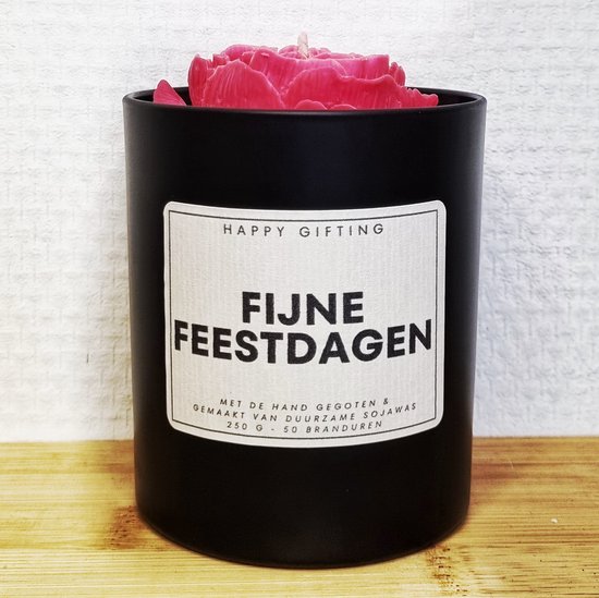 Fijne feestdagen - Soja was geurkaars - Rode roos - Kaarsglas mat zwart - Vanille geur - 250 gram - 50 branduren - Geurkaars - Kaars - Kaars met tekst - Soja was – Soy wax – Handgemaakt – Cadeau – Vanilla - Geschenk – Duurzaam - Kerst