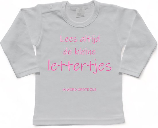 Shirt Aankondiging zwangerschap "Lees altijd de kleine lettertjes (ik word grote zus)" | lange mouw | Wit/roze | maat 80 zwangerschap aankondiging bekendmaking Baby big bro Sis Sister