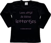 Shirt Aankondiging zwangerschap "Lees altijd de kleine lettertjes (ik word grote zus)" | lange mouw | Zwart/lila | maat 80 zwangerschap aankondiging bekendmaking Baby big bro Sis Sister