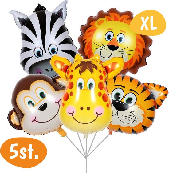 Foto: Jungle folie ballonnen set 5 jungle ballonnen dieren zebra leeuw giraffe tijger aap geschikt voor helium versiering voor kinderfeestje verjaardag decoratie