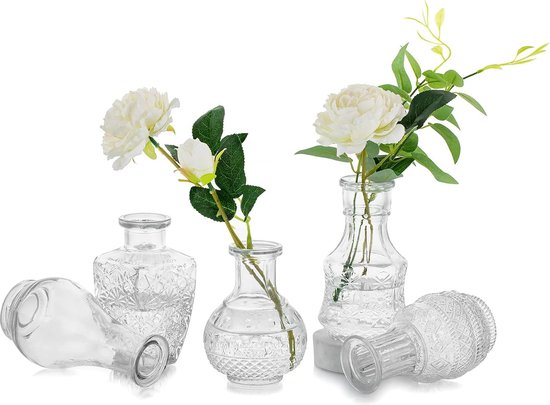 Kleine glazen vaas voor bloemen, verpakking van 5 knopvazen, heldere vintage mini-bloemenvaas, decoratief voor rustieke bruiloftscentra, verjaardagsfeestje, babyshower, woonkamer, tafeldecoraties