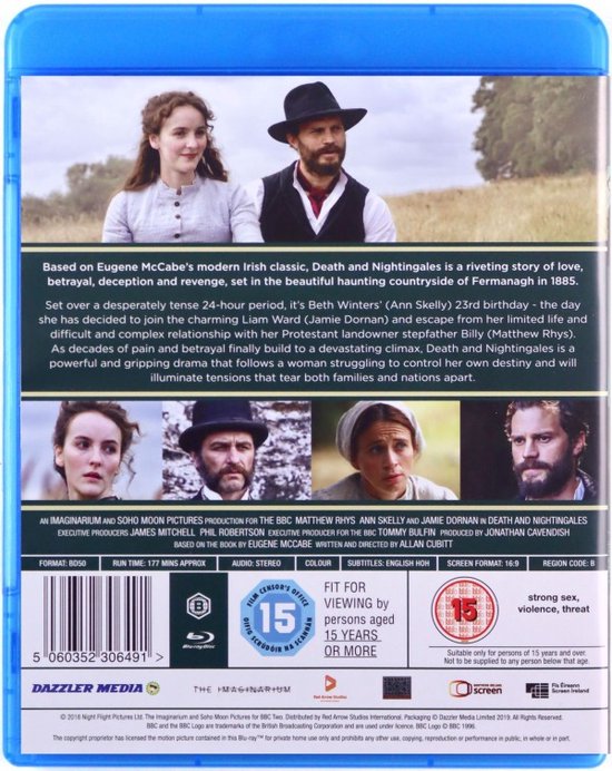 Achterkant Blu-ray hoes van Death and Nightingales met filmbeschrijving en afbeeldingen van de cast.