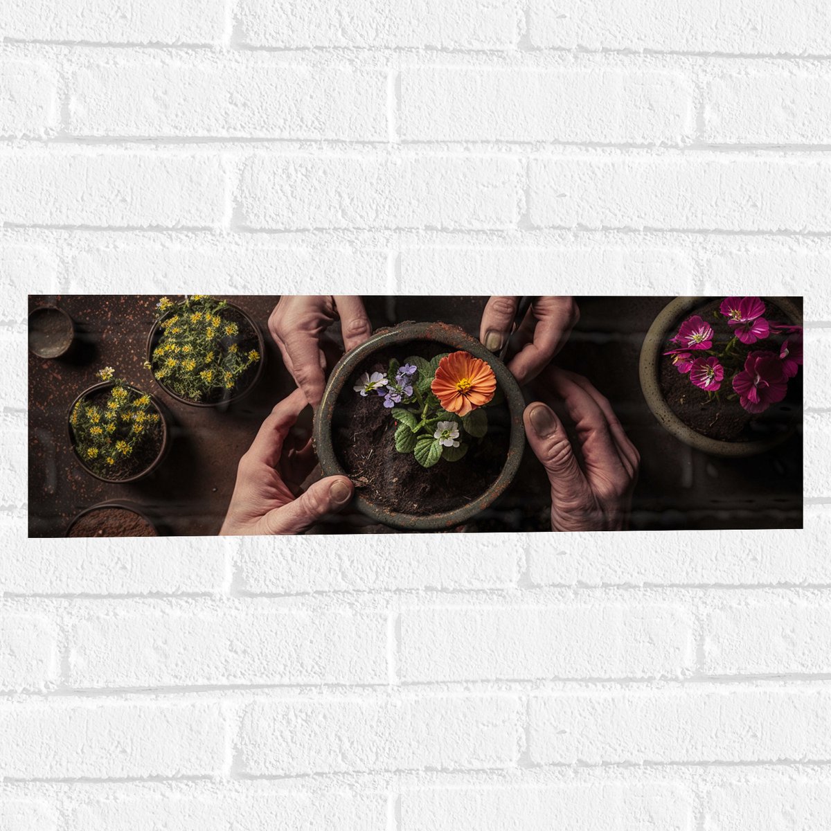 Muursticker - Bloemen - Bloempot - Potgrond - Handen - 60x20 cm Foto op Muursticker
