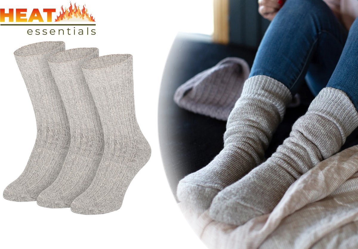 Heat Essentials - Noorse Wollen Sokken - 3 paar - Grijs - Maat 46/48 - Werksokken Heren 46 48 - Noorse Sokken - Wandelsokken - Huissokken