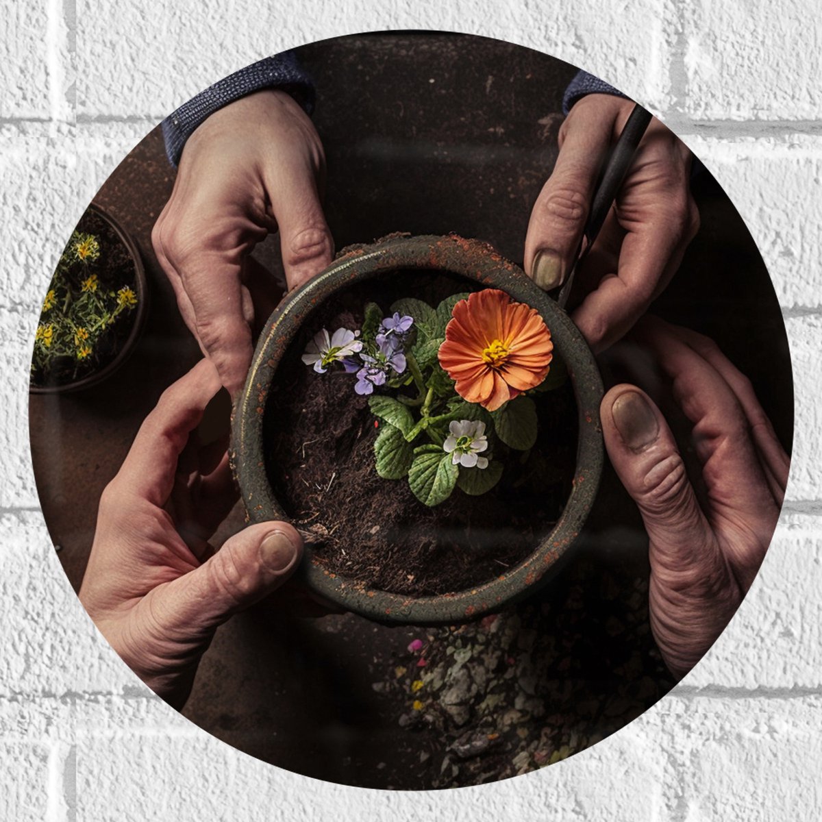 Muursticker Cirkel - Bloemen - Bloempot - Potgrond - Handen - 30x30 cm Foto op Muursticker