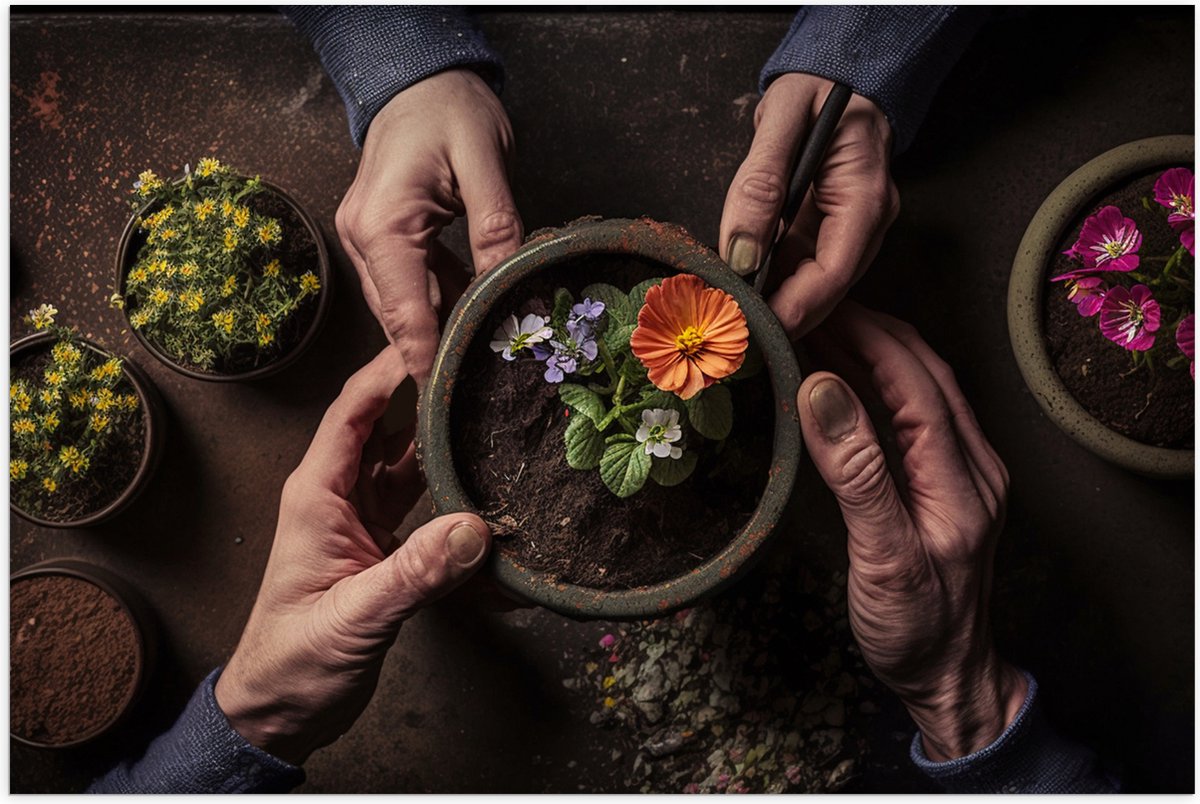 Poster Glanzend – Bloemen - Bloempot - Potgrond - Handen - 105x70 cm Foto op Posterpapier met Glanzende Afwerking