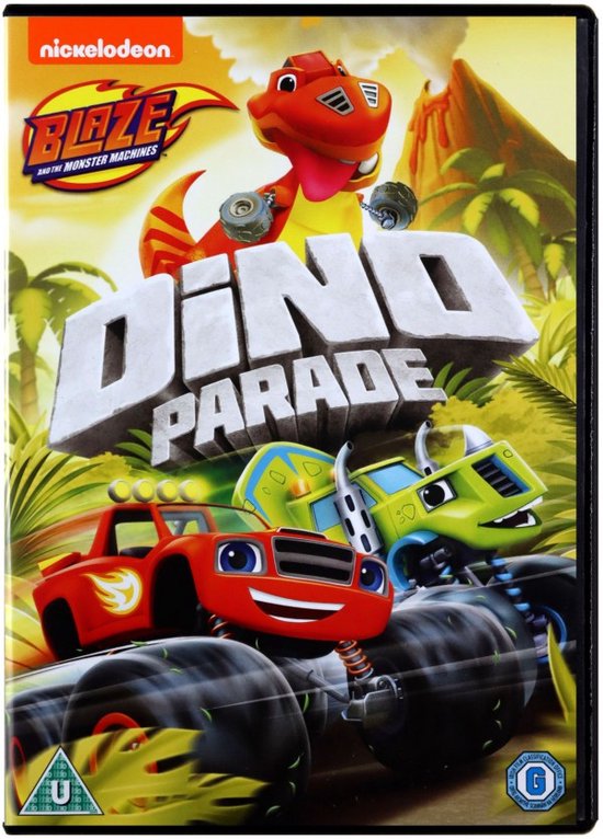 De cover van de Blaze and the Monster Machines: Dino Parade DVD met Blaze, Zeg, Starla, Swoops, en Darington in een prehistorische omgeving.