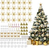 Ensemble de fleurs de décoration d'arbre de Noël, 116 pièces de poinsettias artificiels dorés à paillettes avec pinces, nœuds, cloches, ornements d'arbre de Noël pour Noël, vacances, fête de mariage, décorations DIY