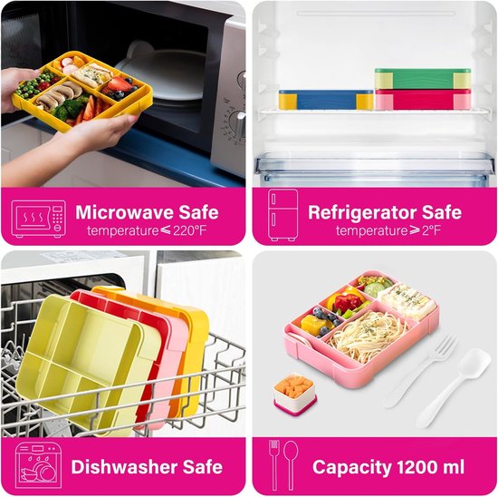 PUWOWYE Kinderbroodtrommel met vakken, Bento Box voor kinderen, 1330 ml lekvrije lunchbox voor kinderen, broodtrommel voor meisjes & jongens, geschikt voor school, kleuterschool & uitstapjes BPA-vrij