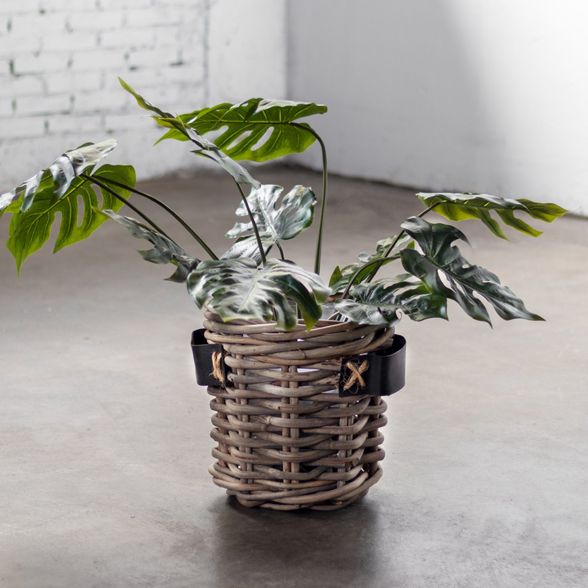 Bloempot Grijs met Leren Handvat - Rotan - 35x35x35cm
