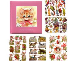 Poëziealbum - 16x16 - Lichtroze - S7 - Poes met roze strik - met 5 vellen Poëzieplaatjes - Versjes - Gedicht - Cadeau - Sint - Geschenk - Knutselen - Hobby - Creatief - Scrapbook - Poezie