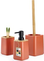 Badkamerset, zeepdispenser, tandenborstelbeker en wc-borstel in 6 kleurvarianten, modern badkameraccessoire met natuurlijke bamboe, badkameruitrusting (roze)