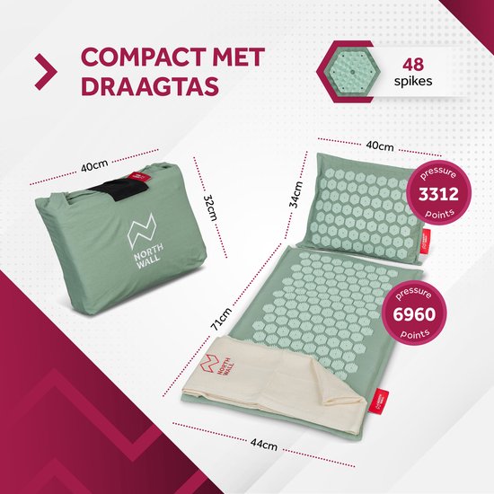 Northwall Spijkermat met Kussen & Draagtas - Acupressuur mat met Spijkerkussen - Spijkerbed - Acupunctuur - Meditatie - Shakti Massage - Groen