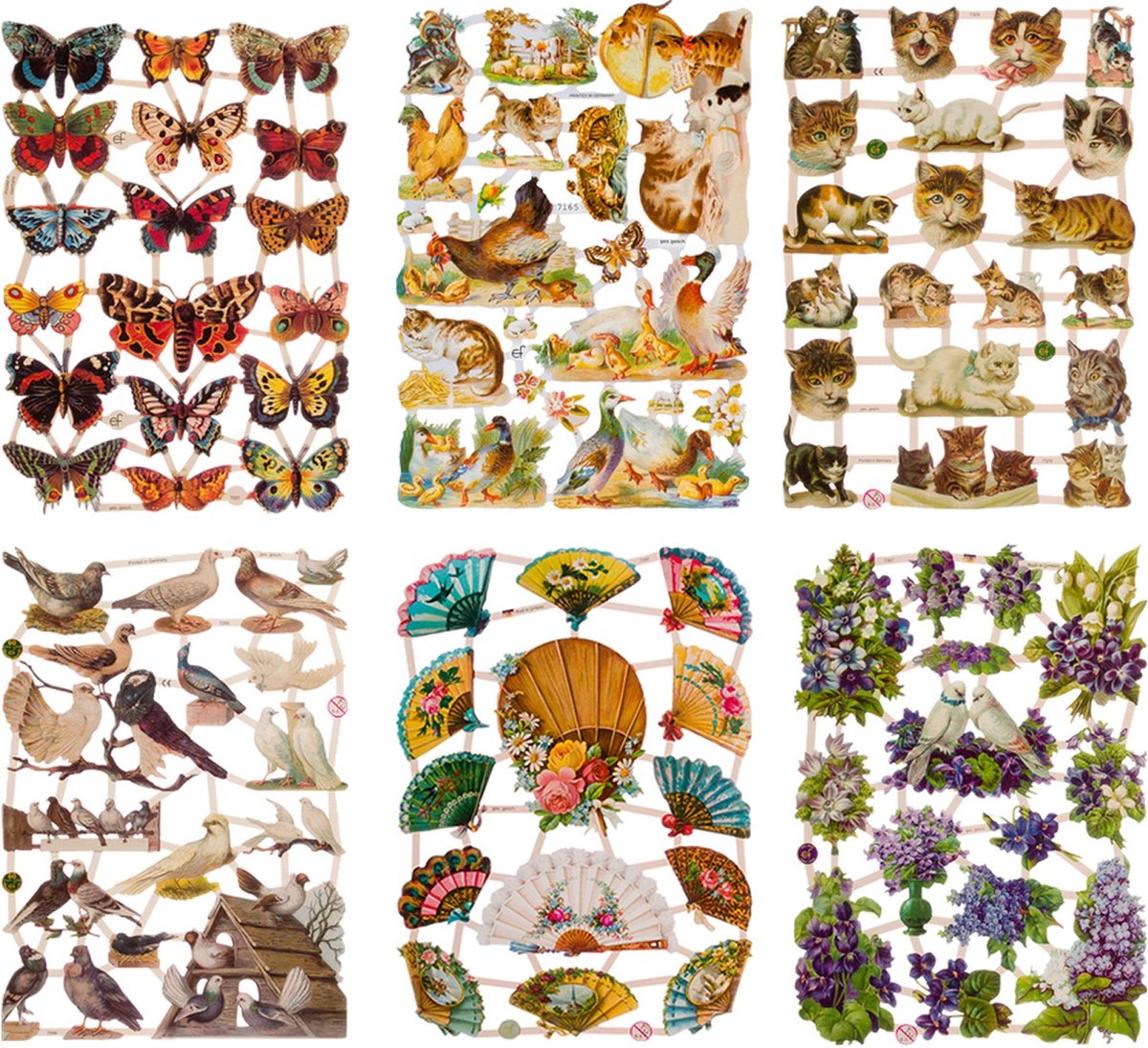 Poëzieplaatjes - 6 vellen - Vlinders - Boerderijdieren - Katten - Duiven - Waaiers - Bloemen - Poëziealbum - hobby - creatief - bulletjournaal - vriendenboek - dagboek - decoupage - knutselen - scrapbook