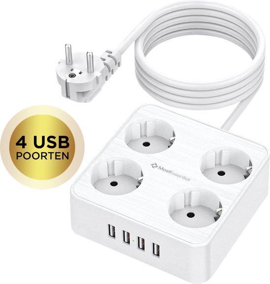MostEssential Premium 8-Way Power Strip - Multiprise avec interrupteur - USB  - 4000W - Wit