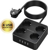 MostEssential Premium 8-Voudige Stekkerdoos - Stekkerdoos met Schakelaar - USB - 4000W - Zwart