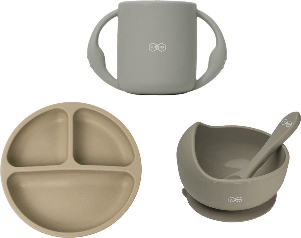 Goedkoopste JU&MP Kinderserviesset - Baby - Kinderbordje - Kommetje met Lepel - Oefenbeker - Kraamcadeau - Grijs