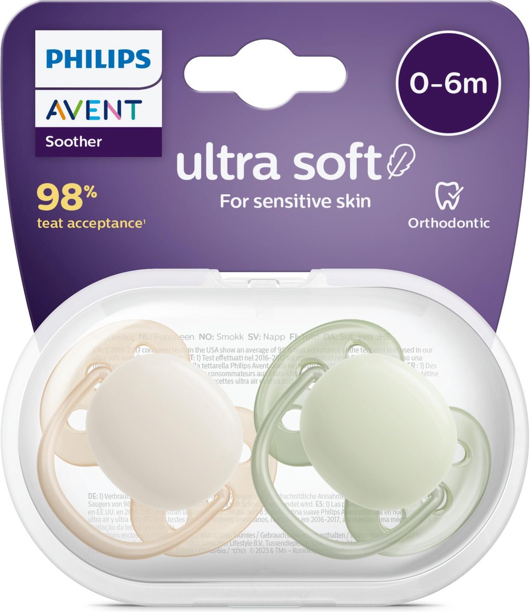 Goedkoopste Philips Avent Ultra Soft Fopspeen - 0 tot 6 Maanden - 2 Speentjes - Beige/Lichtgroen - SCF091/05