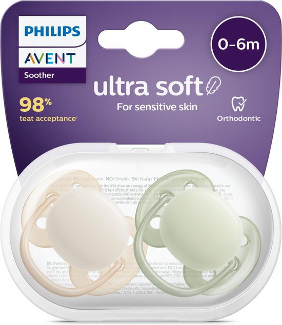 Product: Philips Avent Ultra Soft Fopspeen - 0 tot 6 Maanden - 2 Speentjes - Beige/Lichtgroen - SCF091/05, van het merk 