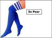 5x Paar Lange sokken kobalt blauw met witte strepen - maat 36-41 - Lieskousen - kniekousen overknee kousen sportsokken cheerleader carnaval voetbal hockey unisex festival