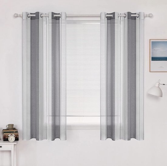 Miulee Gordijnen, transparant, voile met inslagringen voor woon- en slaapkamer, set van 2 stuks, 140 x 215 cm, wit met oranje