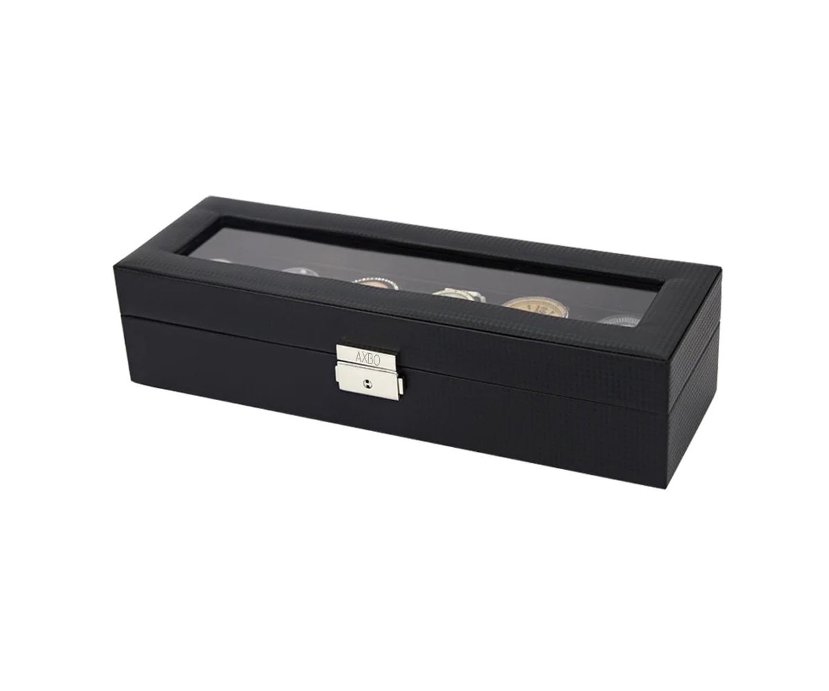 Luxe Horloge Doos - Opbergdoos - 6 Vakken - Sieradendoos - Kist - Carbon Fiber look - Verwijderbaar Kussens - Watch Box - Leder - Leer - Zwart