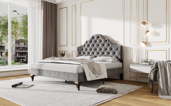 Lit double rembourré Merax - Lit pour 2 personnes avec tête de lit réglable - Grijs